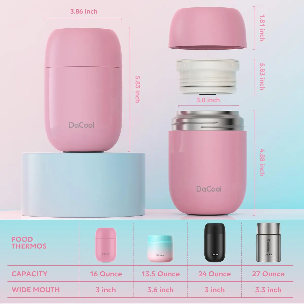 DaCool Insulated Food Jar 16 oz | Leak-Proof Vacuum Stainless Steel Kids & Adults Pink - view 6