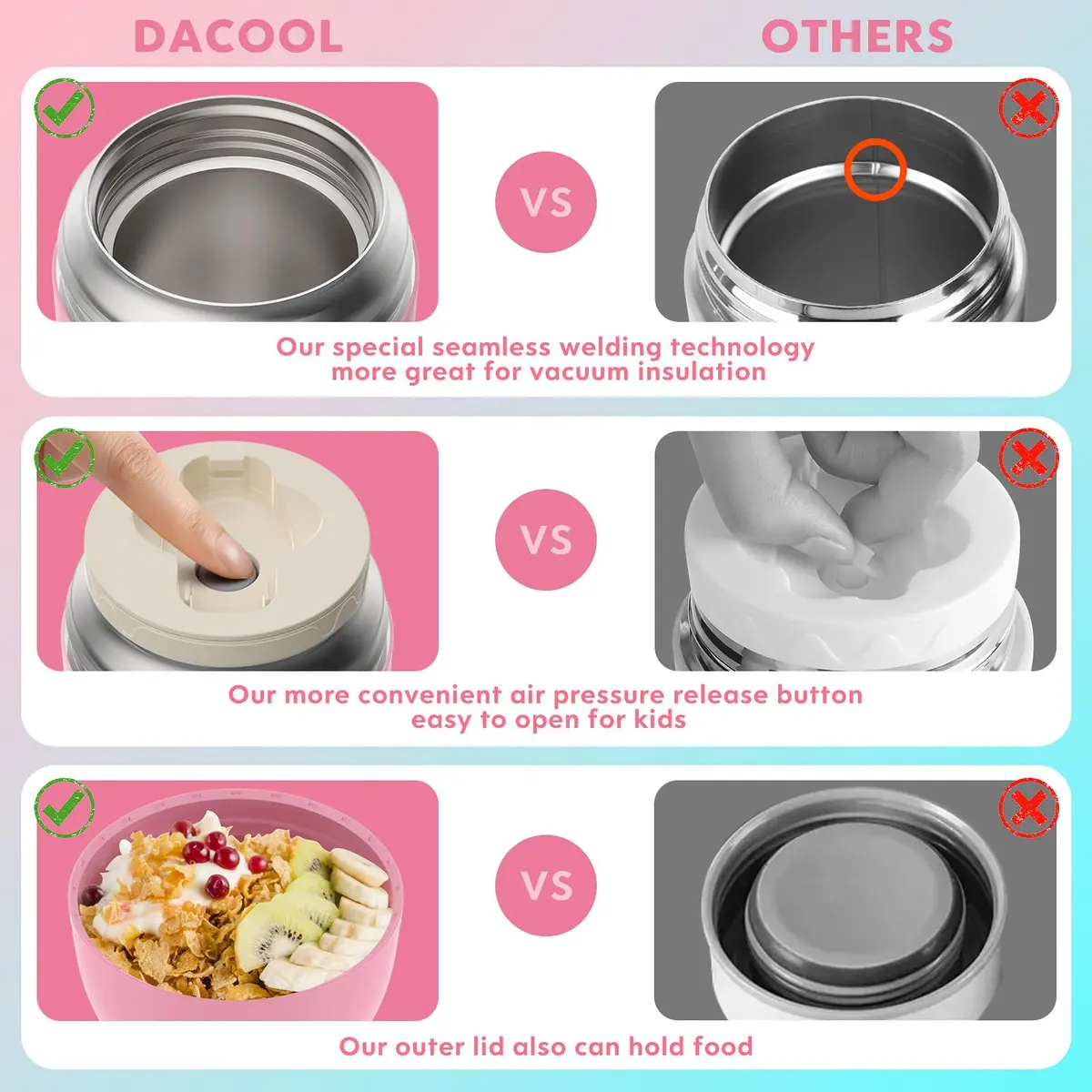 DaCool Insulated Food Jar 16 oz | Leak-Proof Vacuum Stainless Steel Kids & Adults Pink - view 4