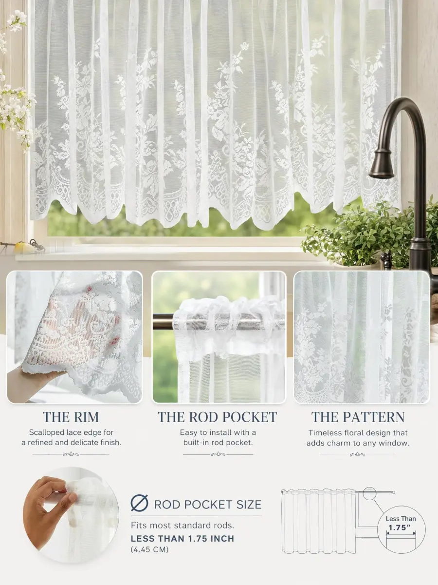 Molaxhome White Lace Valance Curtains 130cm (51") x 40cm (16") | Floral Embroidered Semi Sheer Window Topper - view 5