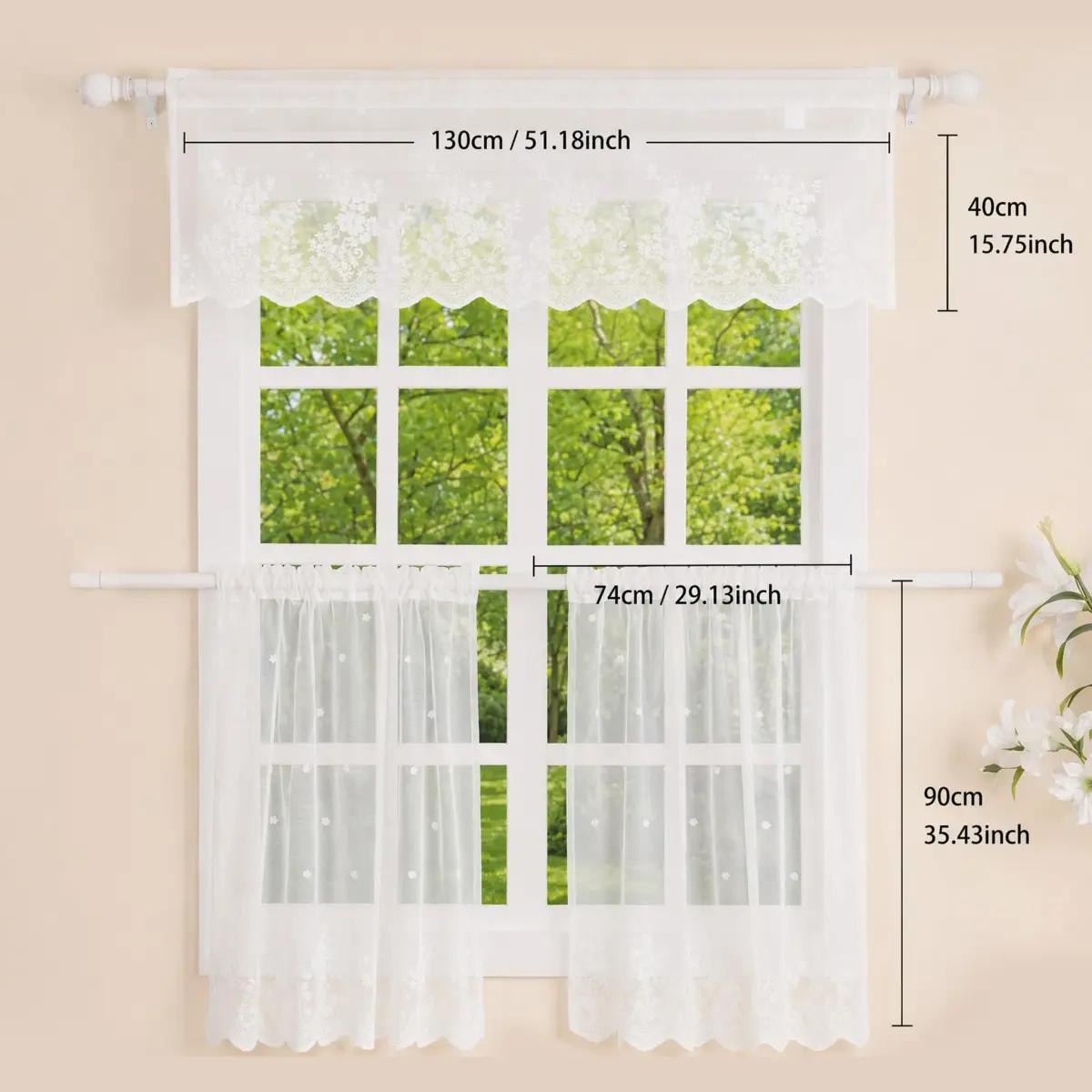 Molaxhome White Lace Valance Curtains 130cm (51") x 40cm (16") | Floral Embroidered Semi Sheer Window Topper - view 2