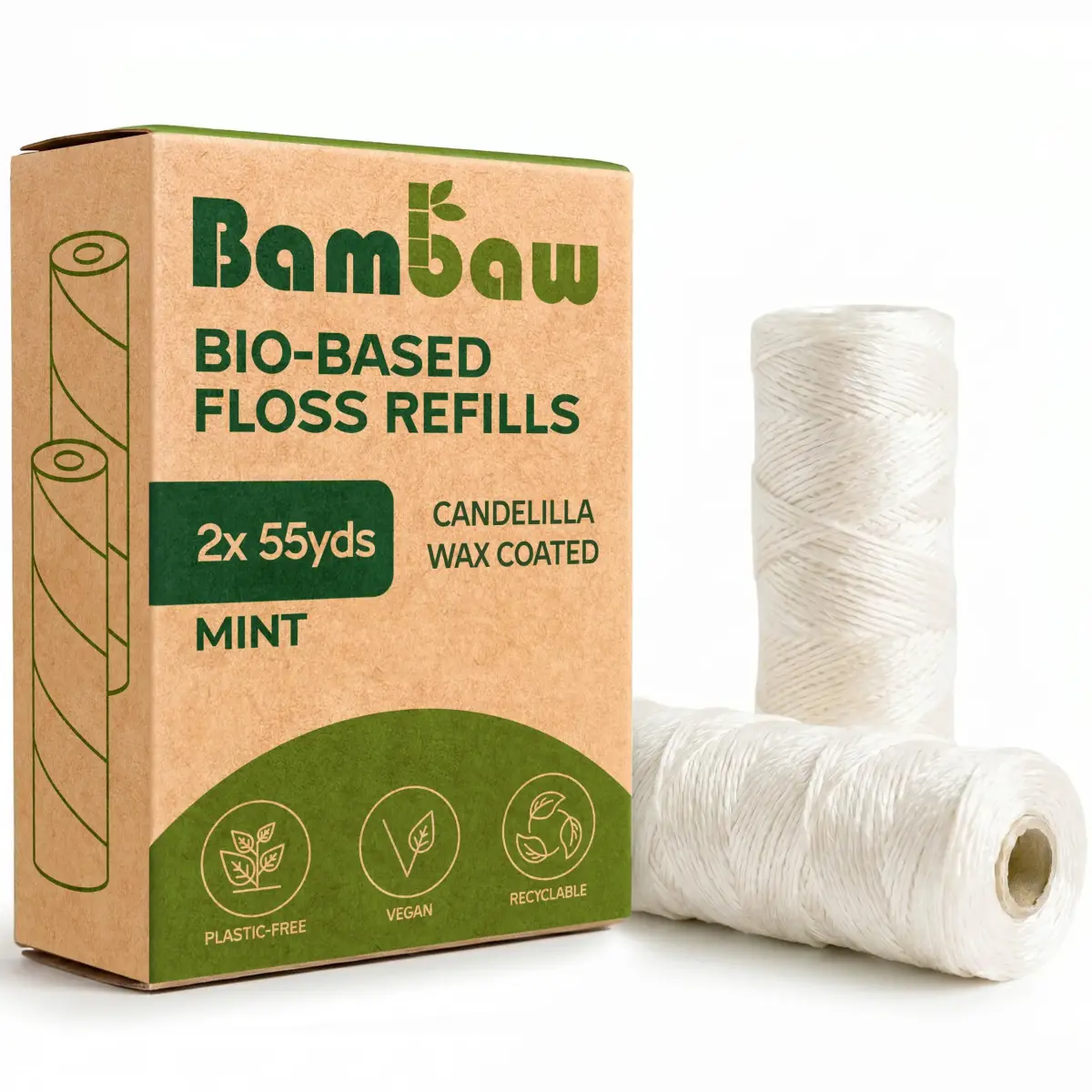 Bambaw Vegan Refill Dental Floss Mint | 165 Foot (50m x 2) | Plastic Free Dental Tape - main product image