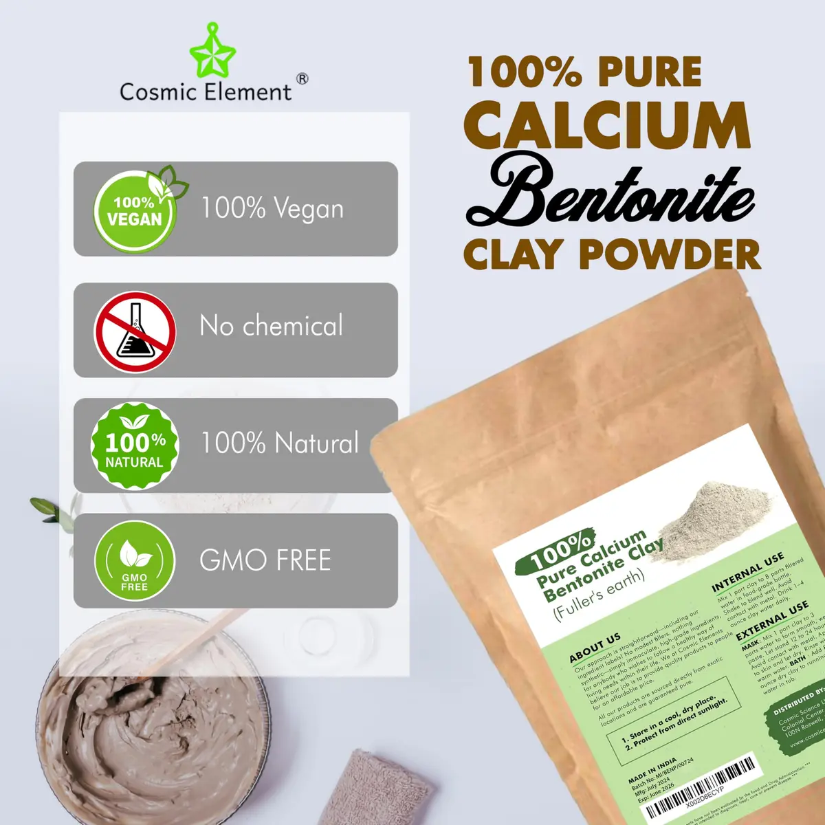 Cosmic Element Vegan Calcium Bentonite Clay Powder 16oz | Deep Pore Detox & Skin Care - view 5