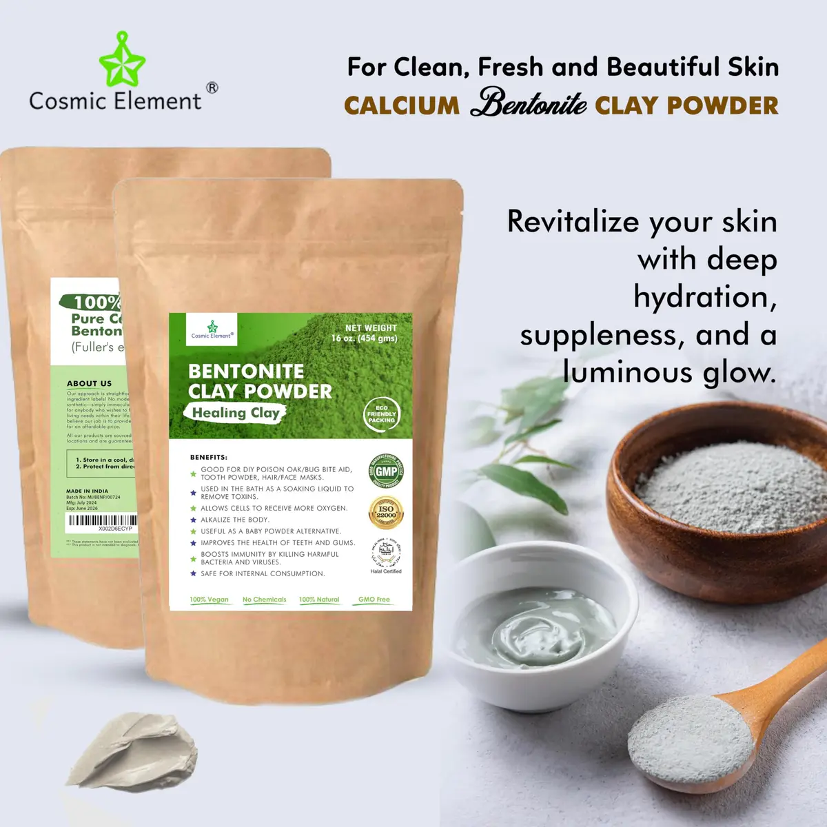Cosmic Element Vegan Calcium Bentonite Clay Powder 16oz | Deep Pore Detox & Skin Care - view 6