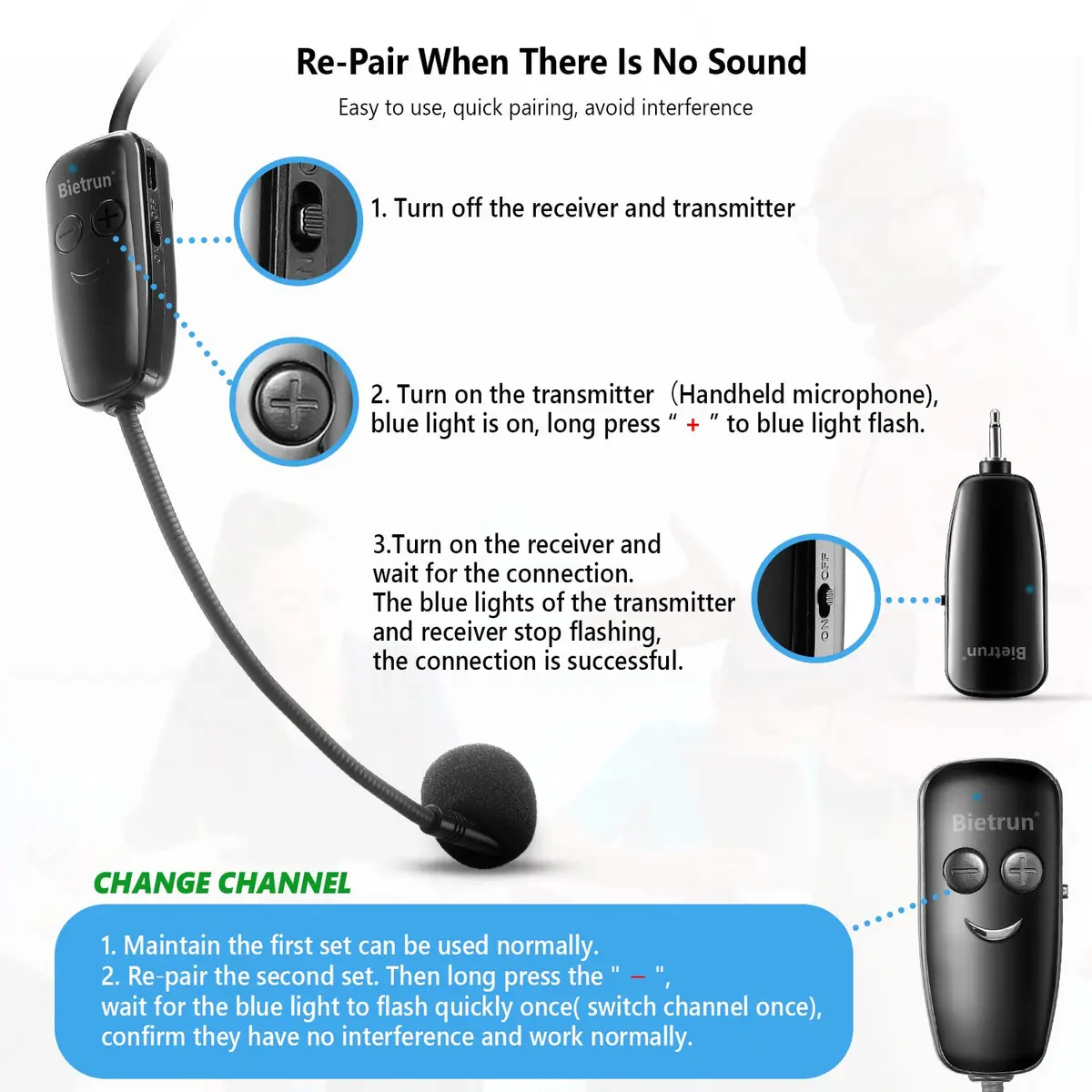 Bietrun UHF Wireless Headset Microphone System with 160ft Range & Dual Connectors | Rechargeable 6-Hour Battery - view 6