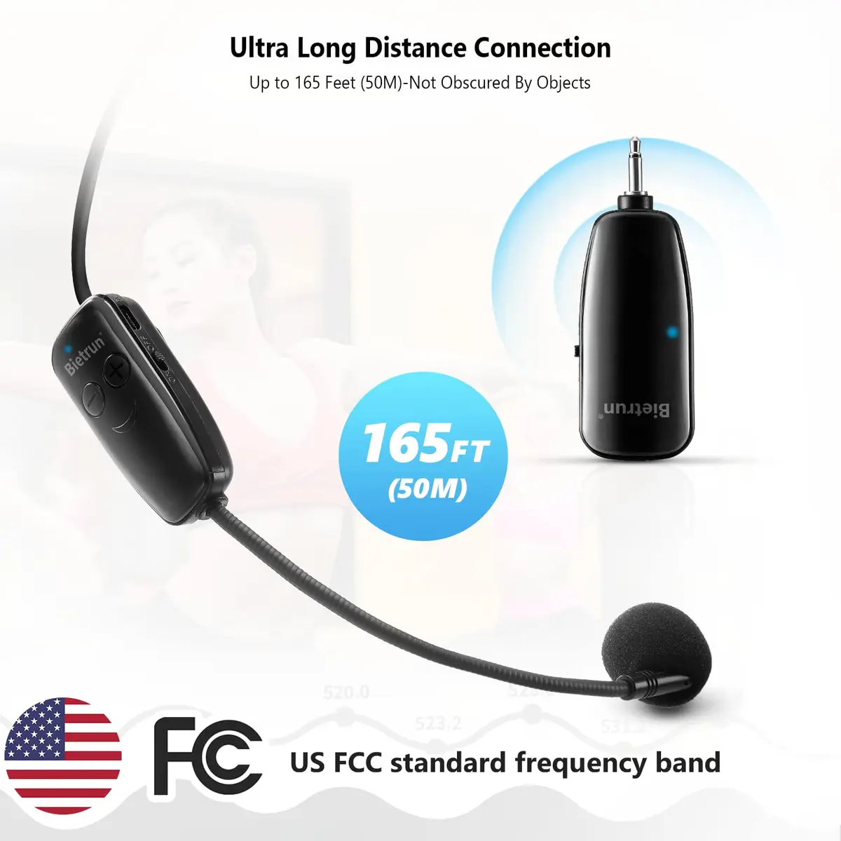 Bietrun UHF Wireless Headset Microphone System with 160ft Range & Dual Connectors | Rechargeable 6-Hour Battery - view 3