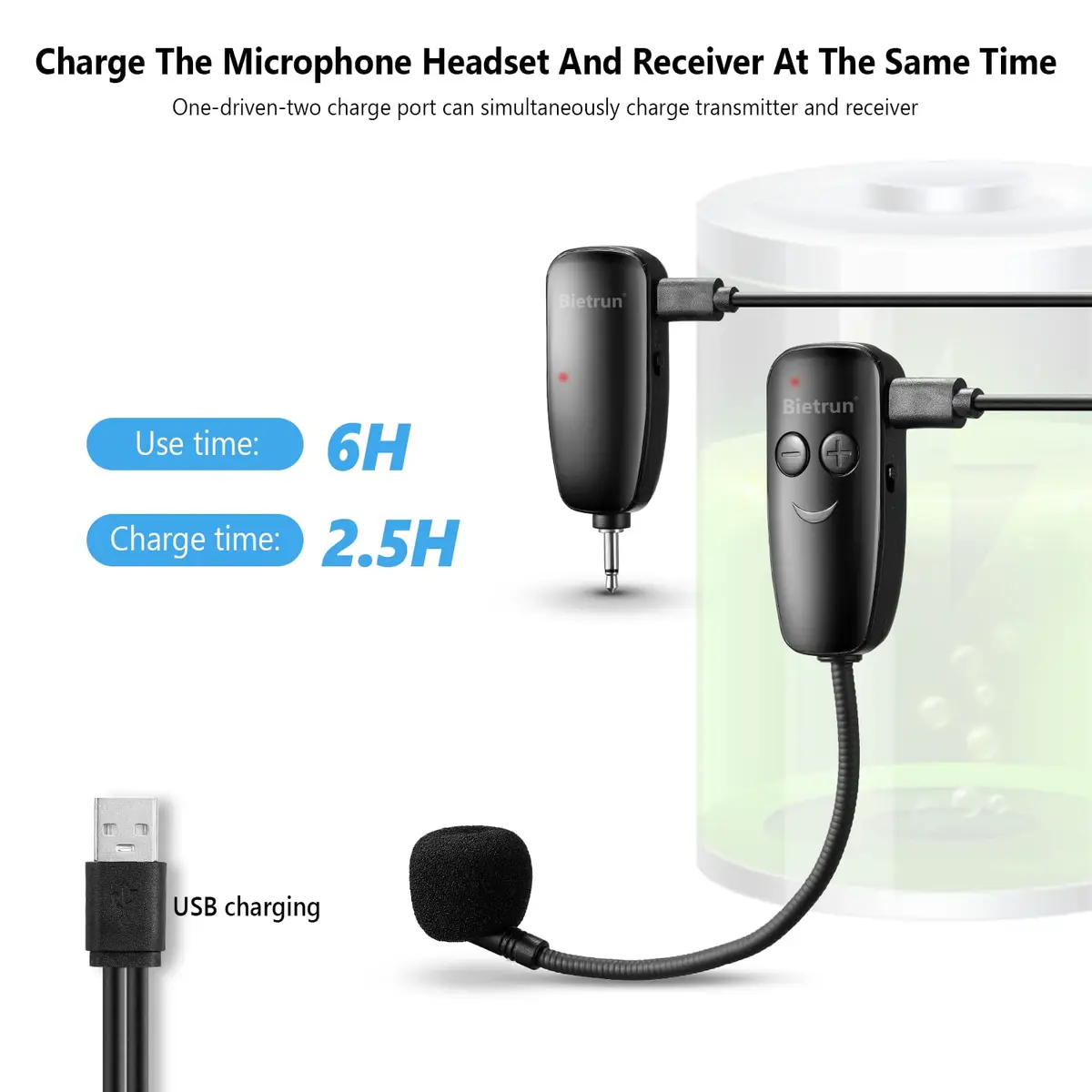 Bietrun UHF Wireless Headset Microphone System with 160ft Range & Dual Connectors | Rechargeable 6-Hour Battery - view 4