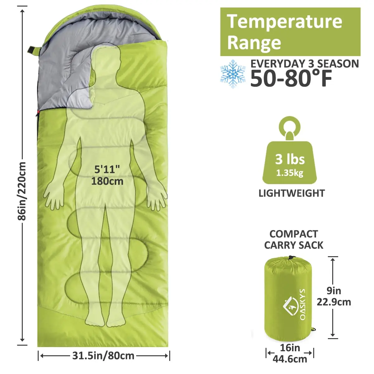 oaskys Camping Sleeping Bag - 3 Season Waterproof & Lightweight | Suitable for Adults & Kids - view 2