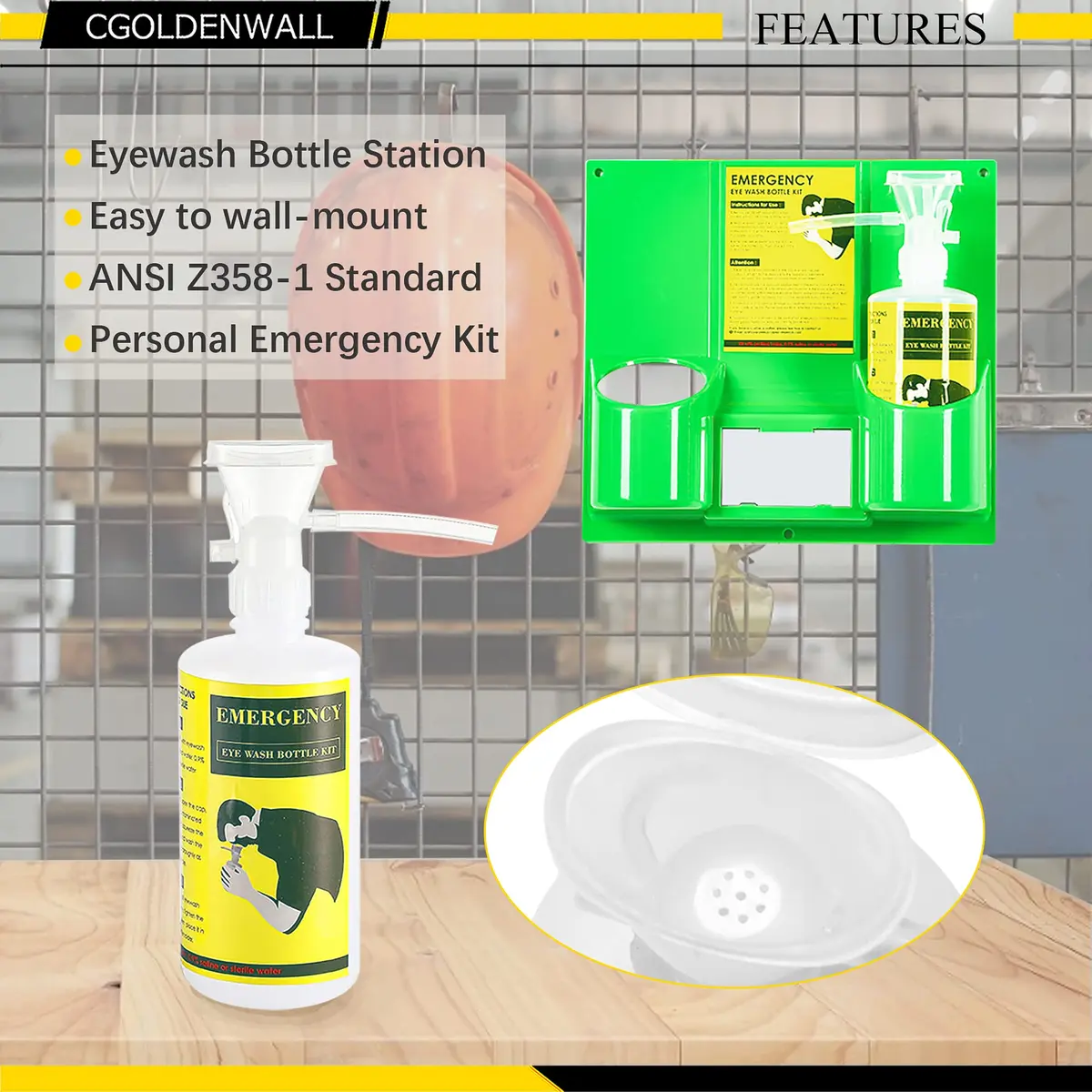 CGOLDENWALL Portable Eye Wash Station with 2x 16.09oz Bottles | Emergency Eye Irrigation Kit for Workplace Safety - view 2