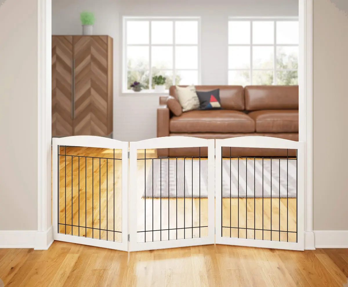 PAWLAND Extra Wide Dog Gate for The House | Foldable Wooden Pet Fence, 30" Height, 3 Panels, White - main product image