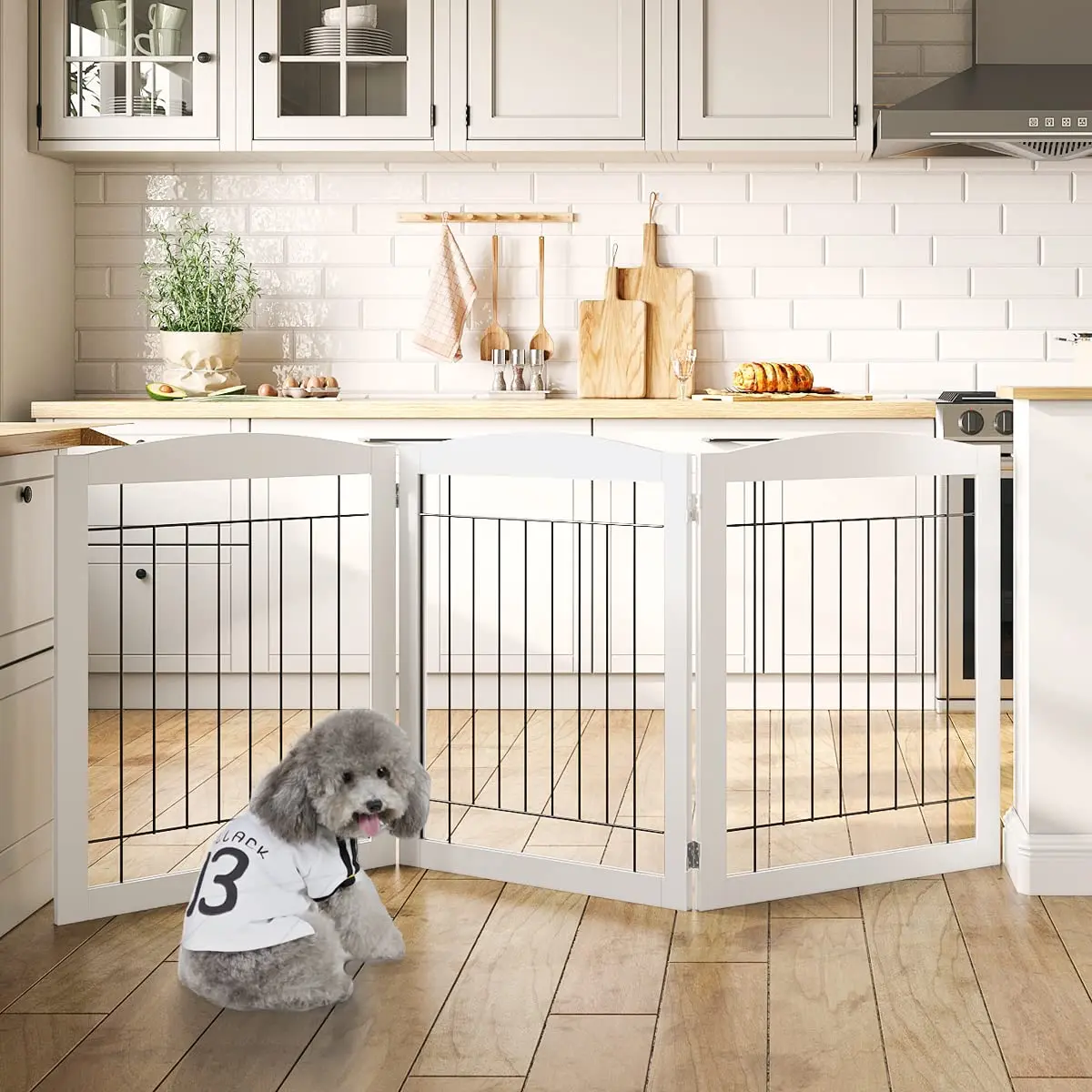 PAWLAND Extra Wide Dog Gate for The House | Foldable Wooden Pet Fence, 30" Height, 3 Panels, White - view 2