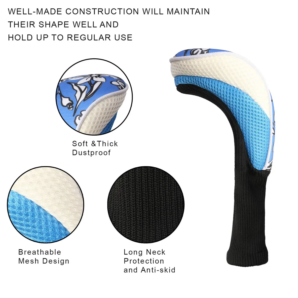 LONGCHAO Golf Club Head Cover Set for Driver & Woods | Thick, Soft & Stretchy 1680D Material (3 pcs, Black/Blue) - view 2