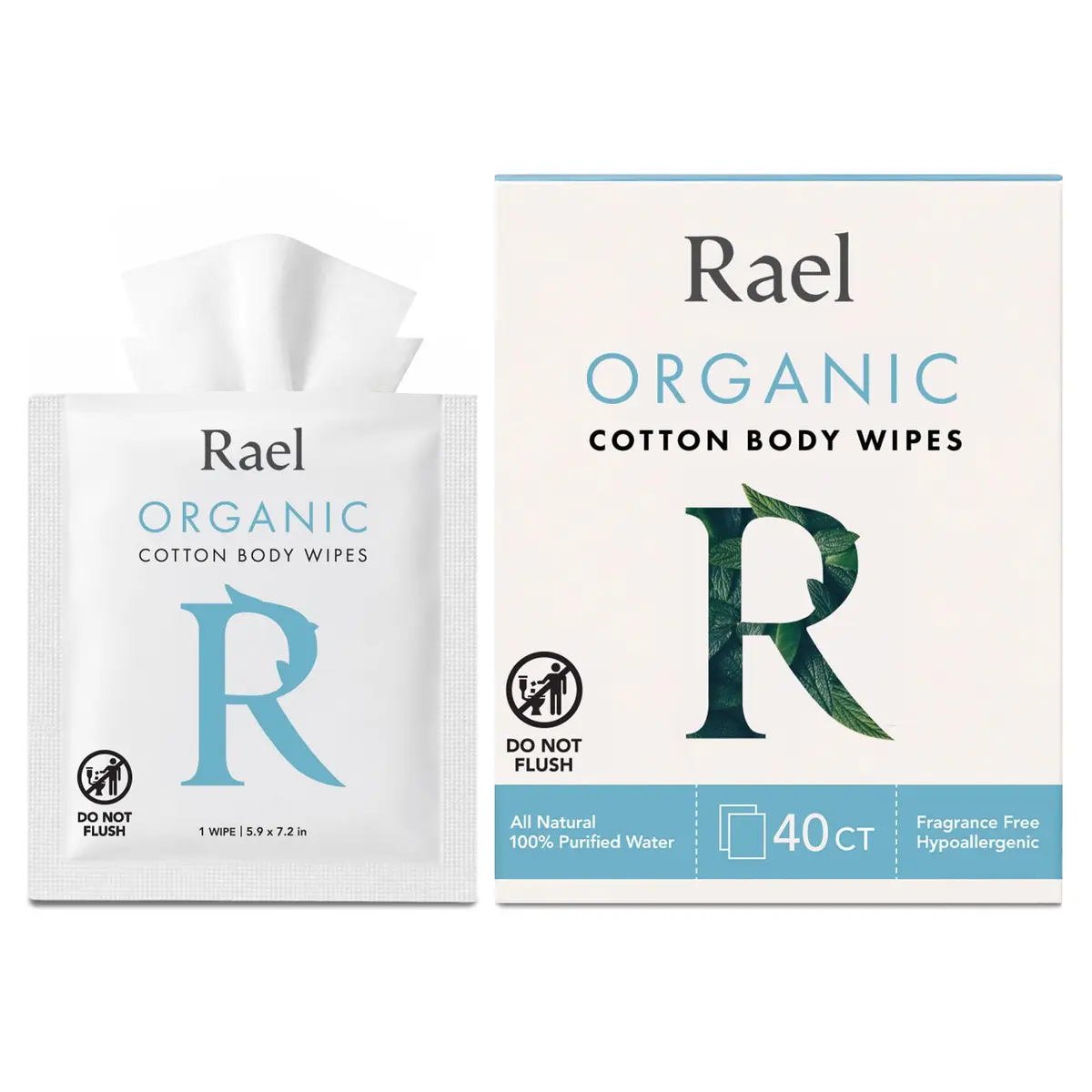 Rael Organic Cotton Wipes, Body Cloth, On-the-Go, All Skin Types (40 Ct) | Unscented, Hypoallergenic, Vegan - main product image