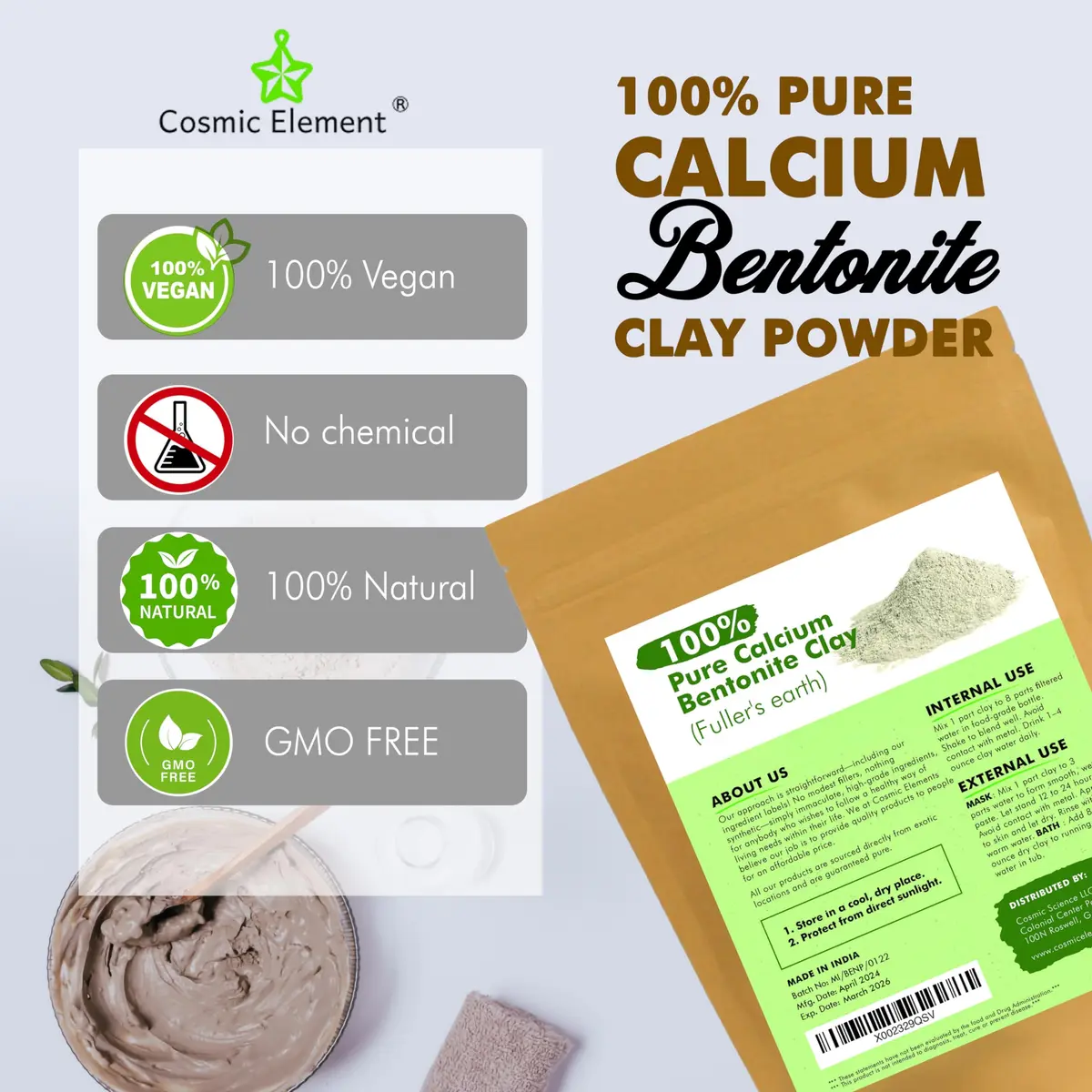 Cosmic Element Calcium Bentonite Clay Powder 8 oz | Skin Detox & Deep Pore Cleansing - view 5