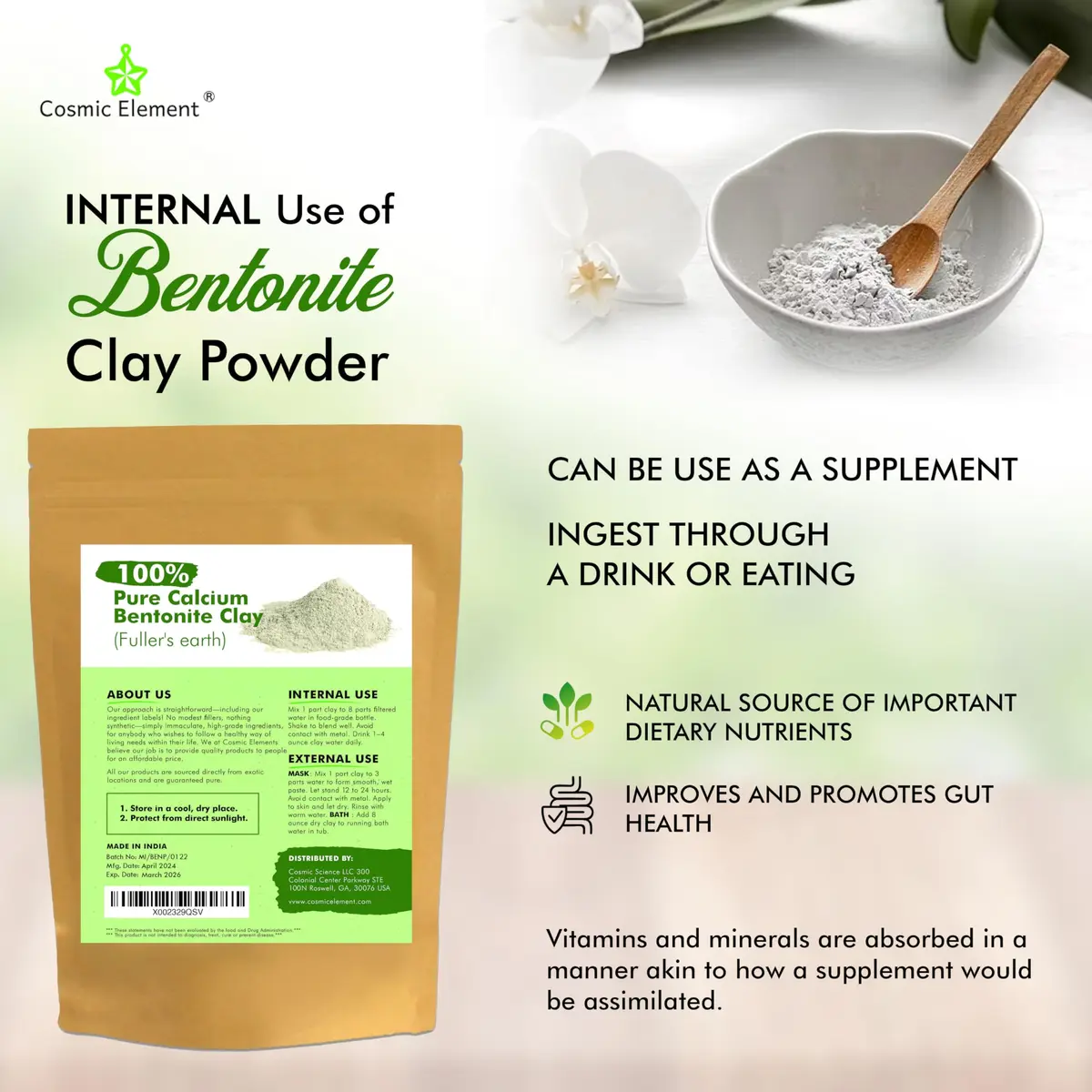 Cosmic Element Calcium Bentonite Clay Powder 8 oz | Skin Detox & Deep Pore Cleansing - view 2