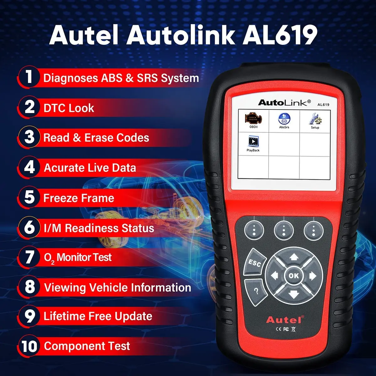 Autel AutoLink AL619 OBD2 Scanner Car ABS SRS Diagnostic Scan Tool with Live Data, 2004-2017 Vehicle Support - view 2