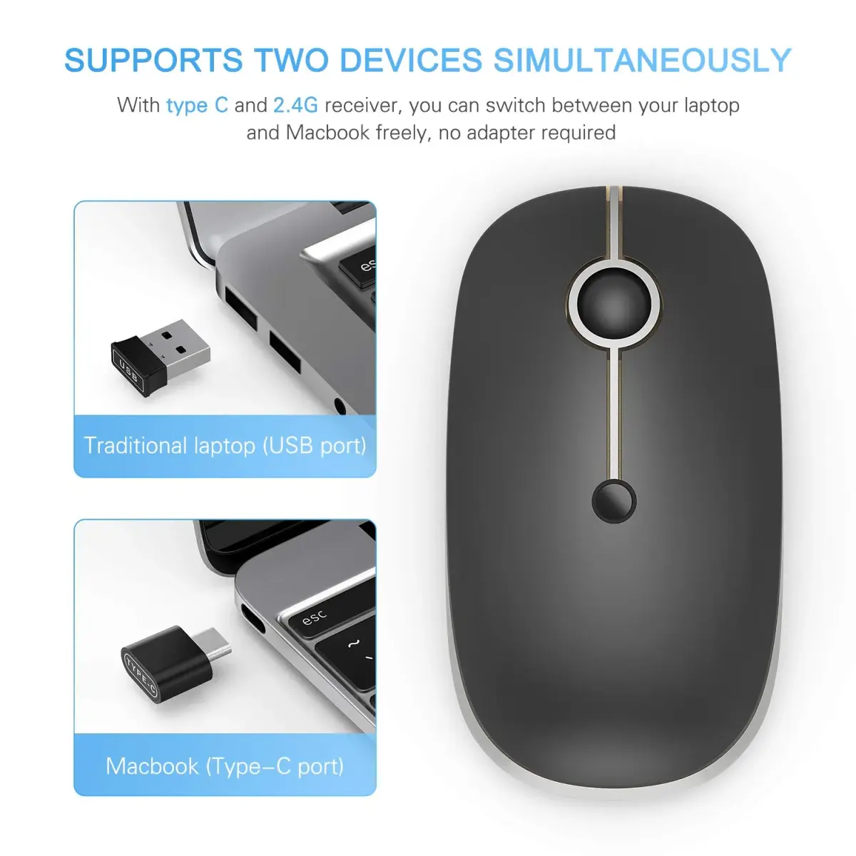 VssoPlor Type-C Wireless Mouse, Rechargeable Ergonomic Computer Mouse with USB & Type-C Receiver, Black Silver | Quiet Clicks & Adjustable DPI - view 4
