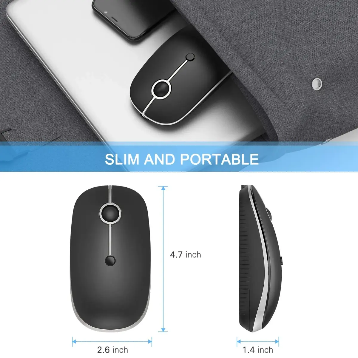 VssoPlor Type-C Wireless Mouse, Rechargeable Ergonomic Computer Mouse with USB & Type-C Receiver, Black Silver | Quiet Clicks & Adjustable DPI - view 5