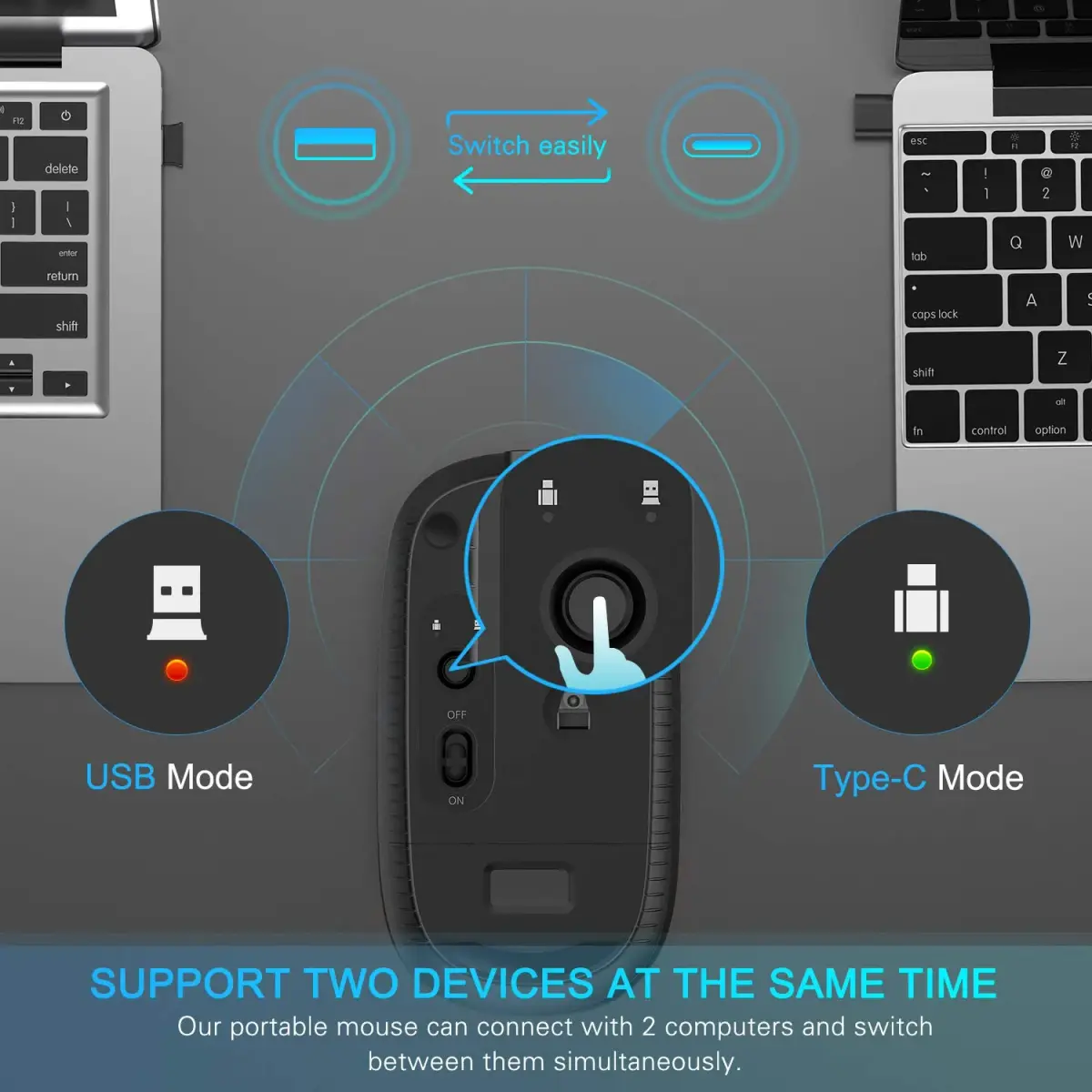 VssoPlor Type-C Wireless Mouse, Rechargeable Ergonomic Computer Mouse with USB & Type-C Receiver, Black Silver | Quiet Clicks & Adjustable DPI - view 2
