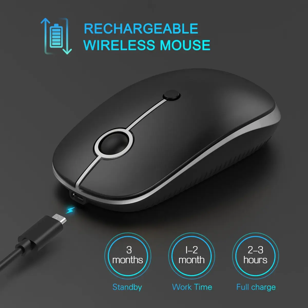 VssoPlor Type-C Wireless Mouse, Rechargeable Ergonomic Computer Mouse with USB & Type-C Receiver, Black Silver | Quiet Clicks & Adjustable DPI - view 3