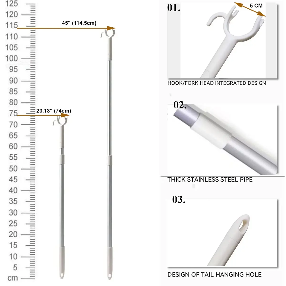 asunflower Extendable Clothes Hook Pole 116 cm (45.67") | Reach High Items with Utility Hook - view 3