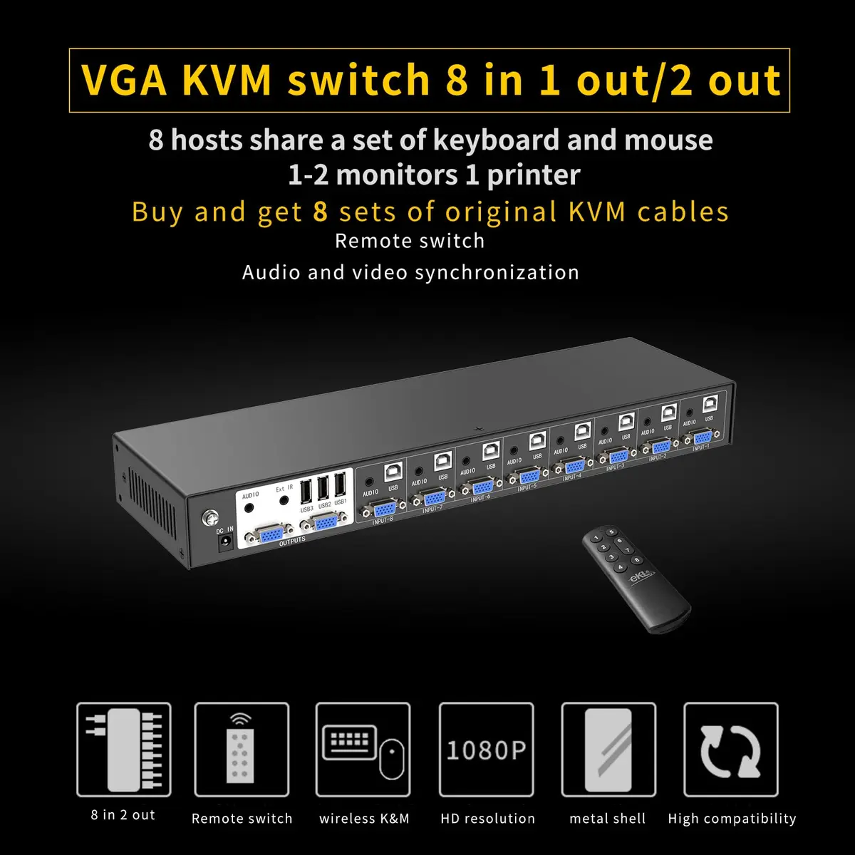 eKL 8 Port VGA KVM Switch 8x2 Support USB Audio Keyboard Mouse 1920x1440 | Share 8 Computers - view 2