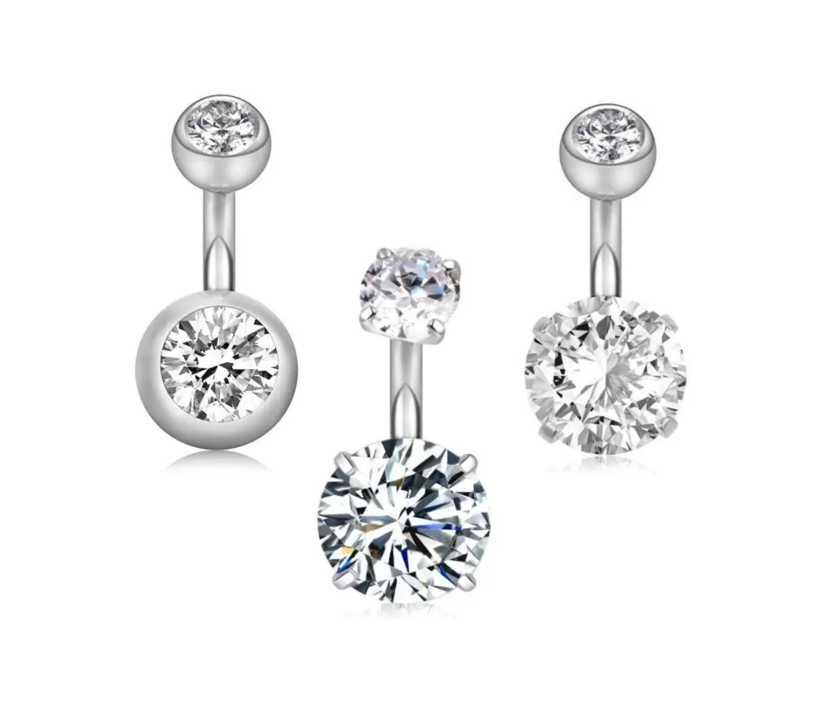 YHMM 14G Surgical Steel Belly Button Rings 10mm (0.39 inch) | 3-Piece Silver Navel Barbells with Cubic Zirconia - main product image