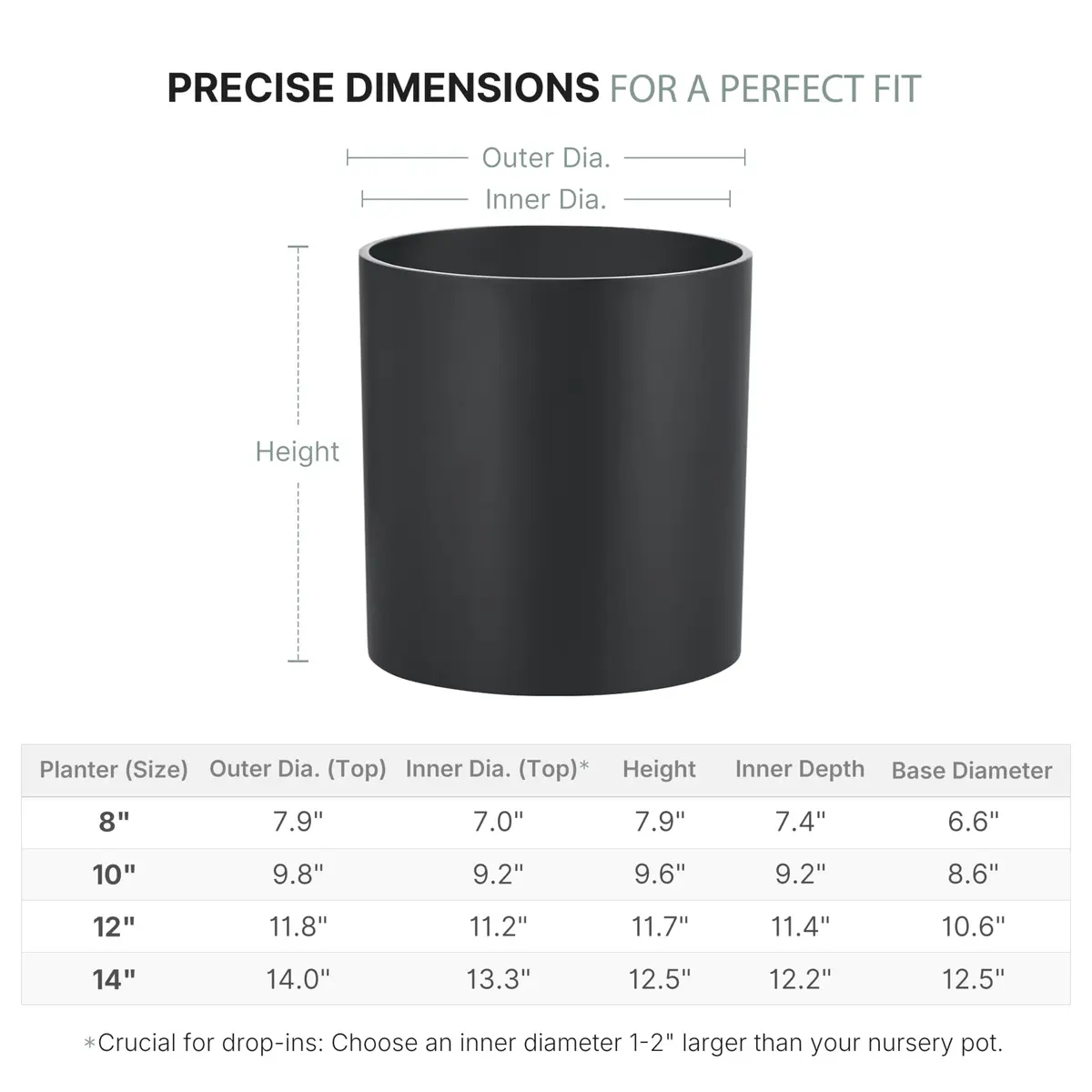 FaithLand 12 Inch Fiberstone Planter | Lightweight Modern Cylinder Plant Pot with Drainage Hole & Plug - view 3