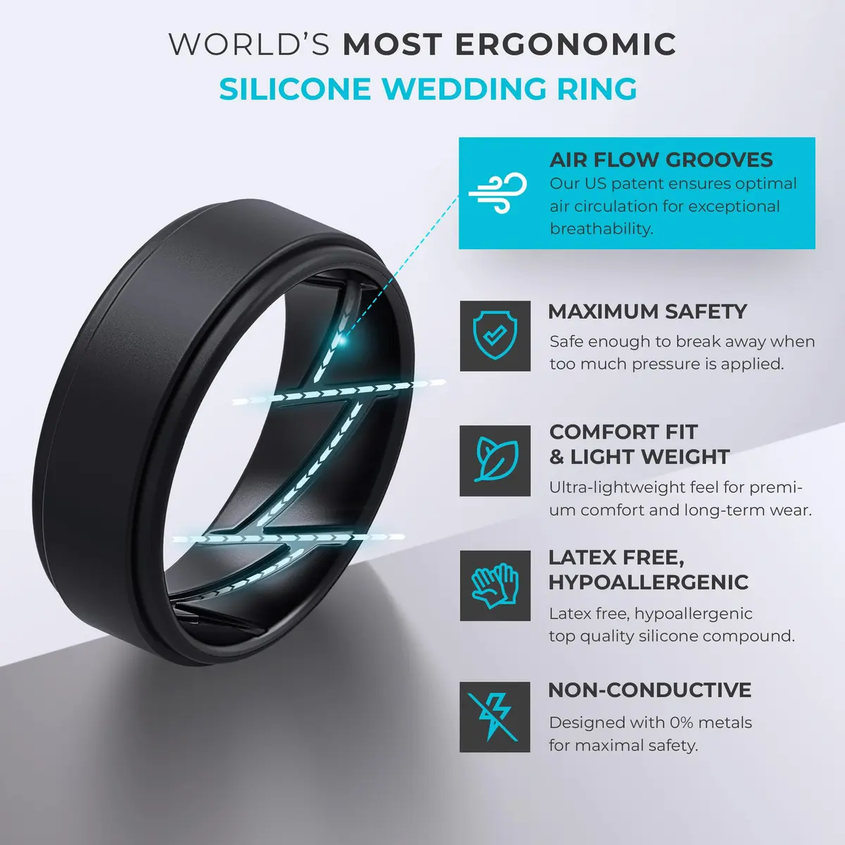 ThunderFit Silicone Wedding Rings for Men, Breathable Airflow Inner Grooves | Hypoallergenic, Flexible, Safe for Active Lifestyle - view 2