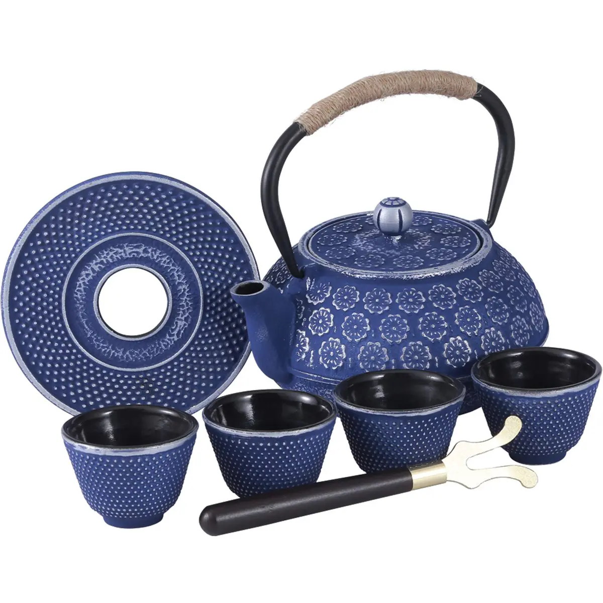 Ufine Blue Floral Cast Iron Teapot Set 28 oz | Elegant Stove-Top Tea Kettle with 4 Cups - main product image