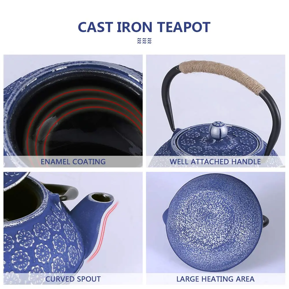 Ufine Blue Floral Cast Iron Teapot Set 28 oz | Elegant Stove-Top Tea Kettle with 4 Cups - view 5