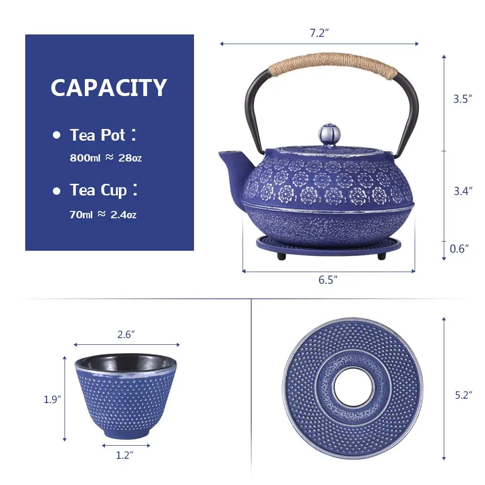 Ufine Blue Floral Cast Iron Teapot Set 28 oz | Elegant Stove-Top Tea Kettle with 4 Cups - view 6