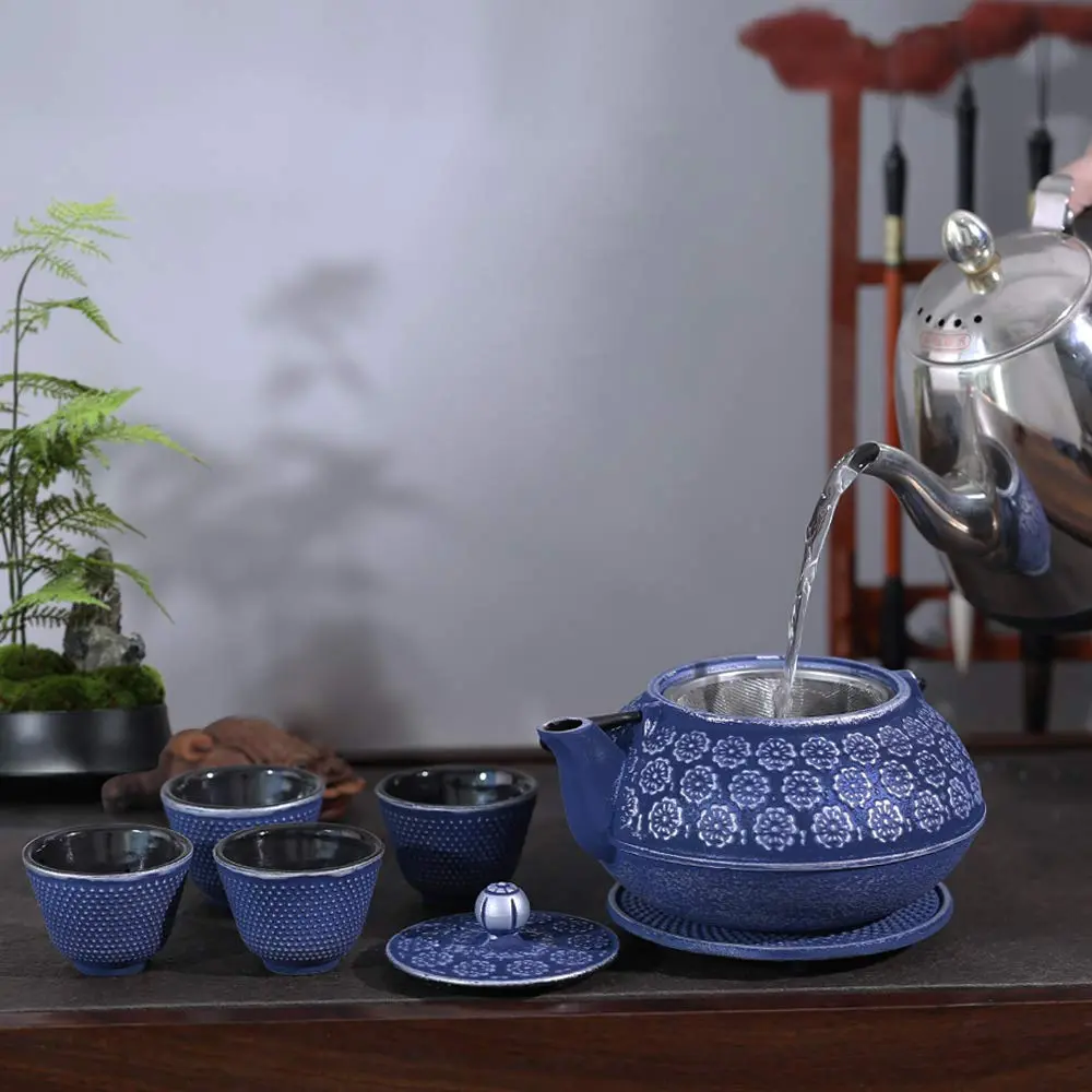 Ufine Blue Floral Cast Iron Teapot Set 28 oz | Elegant Stove-Top Tea Kettle with 4 Cups - view 7