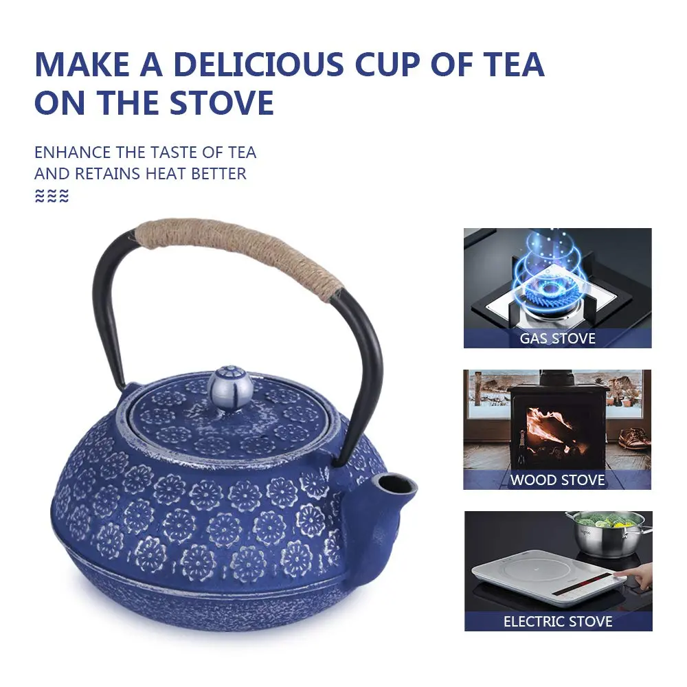 Ufine Blue Floral Cast Iron Teapot Set 28 oz | Elegant Stove-Top Tea Kettle with 4 Cups - view 2