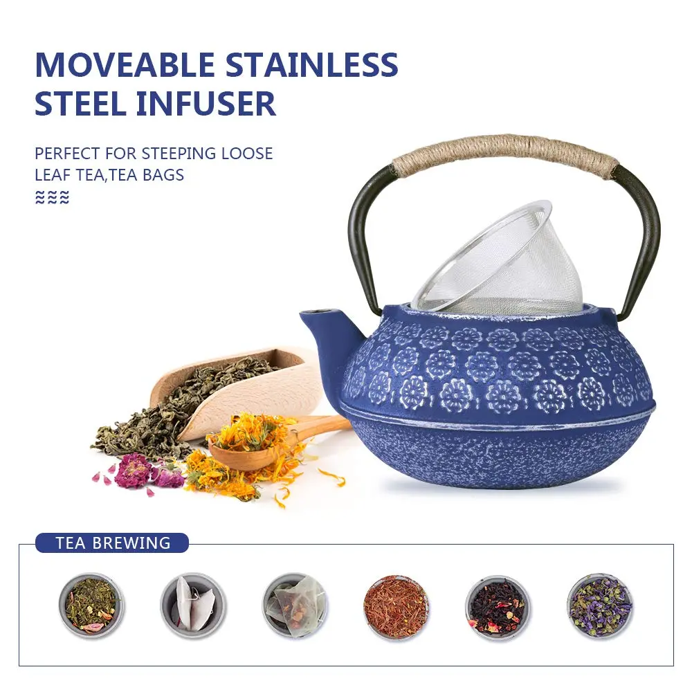 Ufine Blue Floral Cast Iron Teapot Set 28 oz | Elegant Stove-Top Tea Kettle with 4 Cups - view 3