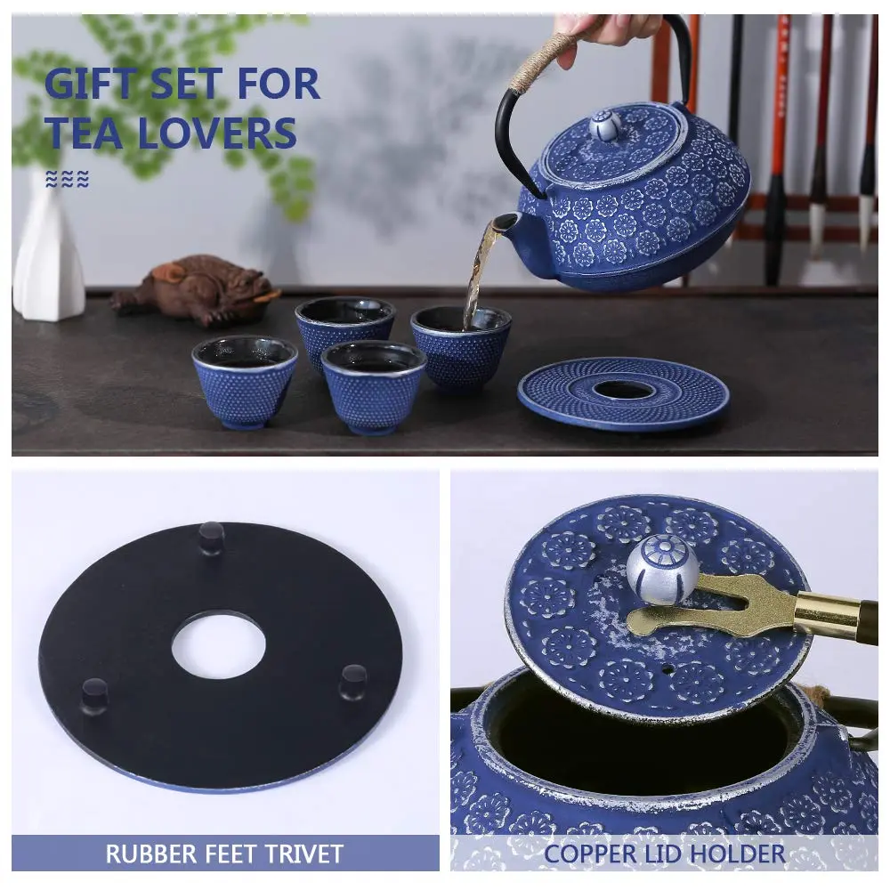 Ufine Blue Floral Cast Iron Teapot Set 28 oz | Elegant Stove-Top Tea Kettle with 4 Cups - view 4