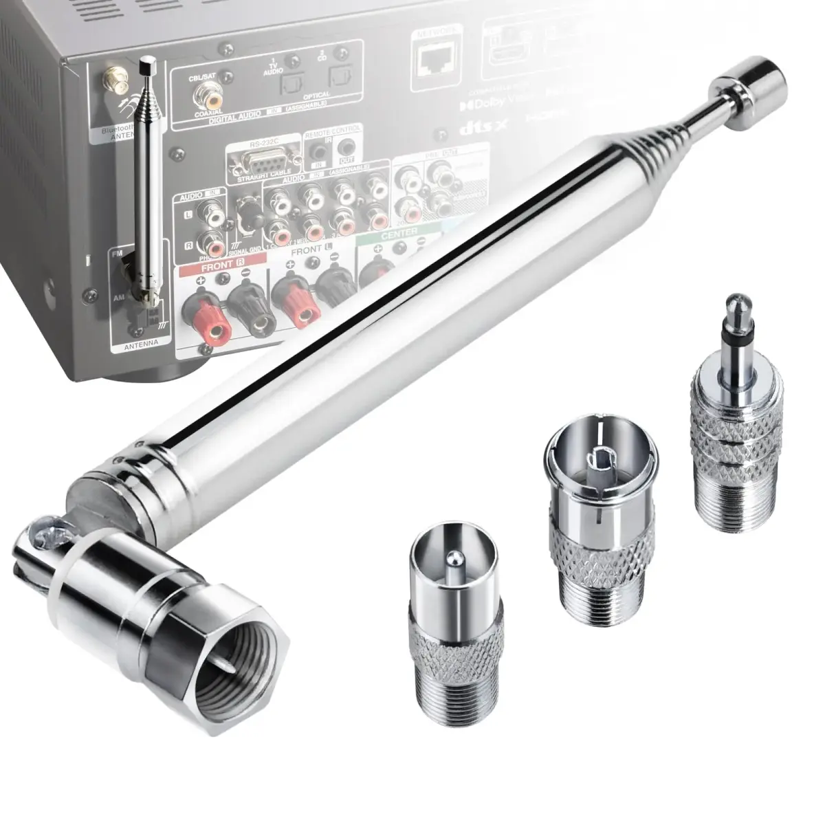 Ancable Indoor FM Telescopic Antenna 75 Ohm F Type Male Plug Connector with Adapter, 10 Extension Sections | Improves FM Reception - main product image