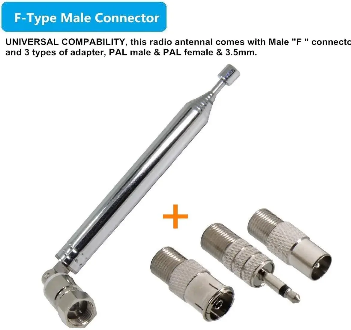 Ancable Indoor FM Telescopic Antenna 75 Ohm F Type Male Plug Connector with Adapter, 10 Extension Sections | Improves FM Reception - view 3