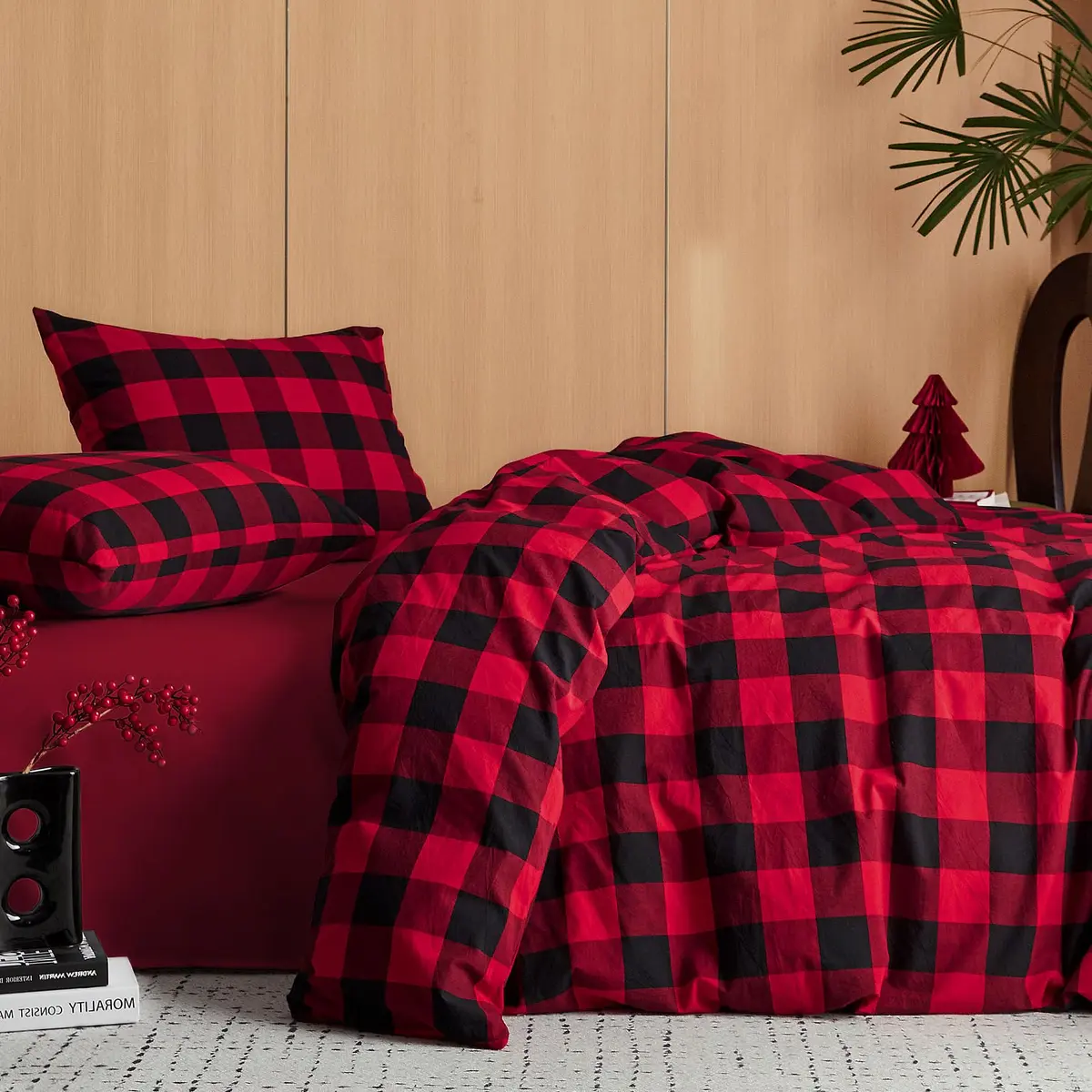 Wake In Cloud Gingham Cotton Duvet Cover Set, Queen Size | Farmhouse Plaid Design, 100% Washed Cotton, Easy Care - view 3