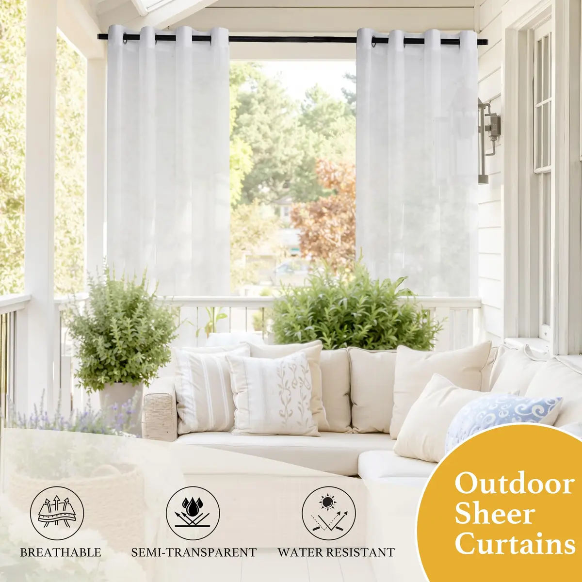 RYB HOME Sheer Outdoor Curtains 54"x108" | Linen Look, Waterproof Privacy, 2 Panels - view 7