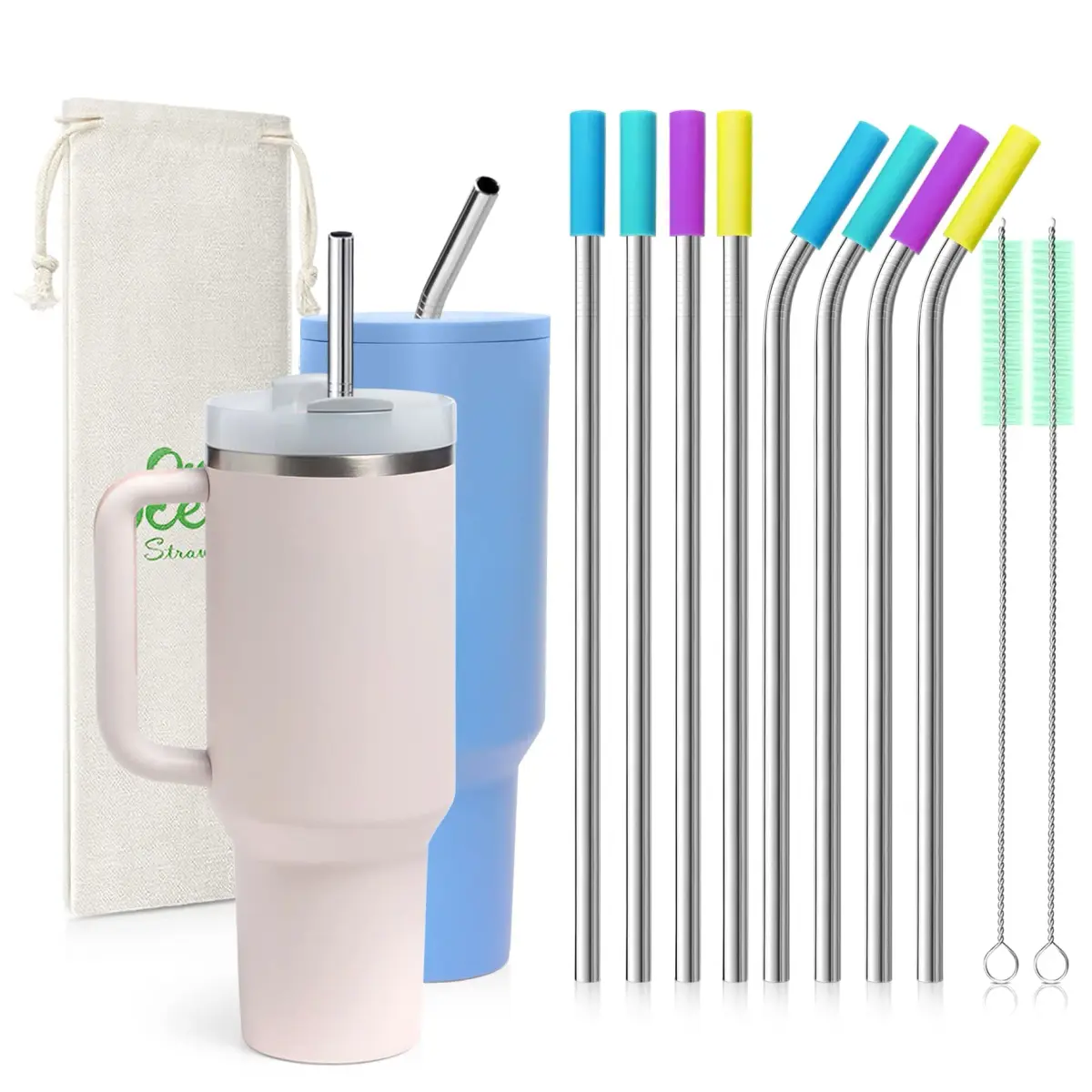 Teivio 8 Piece Stainless Steel Straws for 40 oz Tumbler | 20.3 cm (8mm) Wide Reusable Metal Drinking Straws with Silicone Tips & Cleaning Brush - main product image