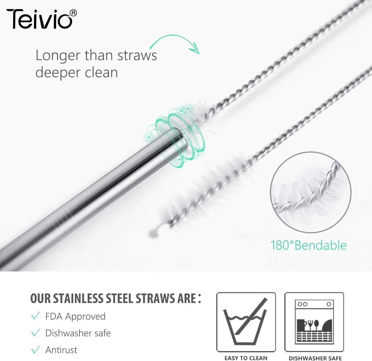 Teivio 8 Piece Stainless Steel Straws for 40 oz Tumbler | 20.3 cm (8mm) Wide Reusable Metal Drinking Straws with Silicone Tips & Cleaning Brush - view 5