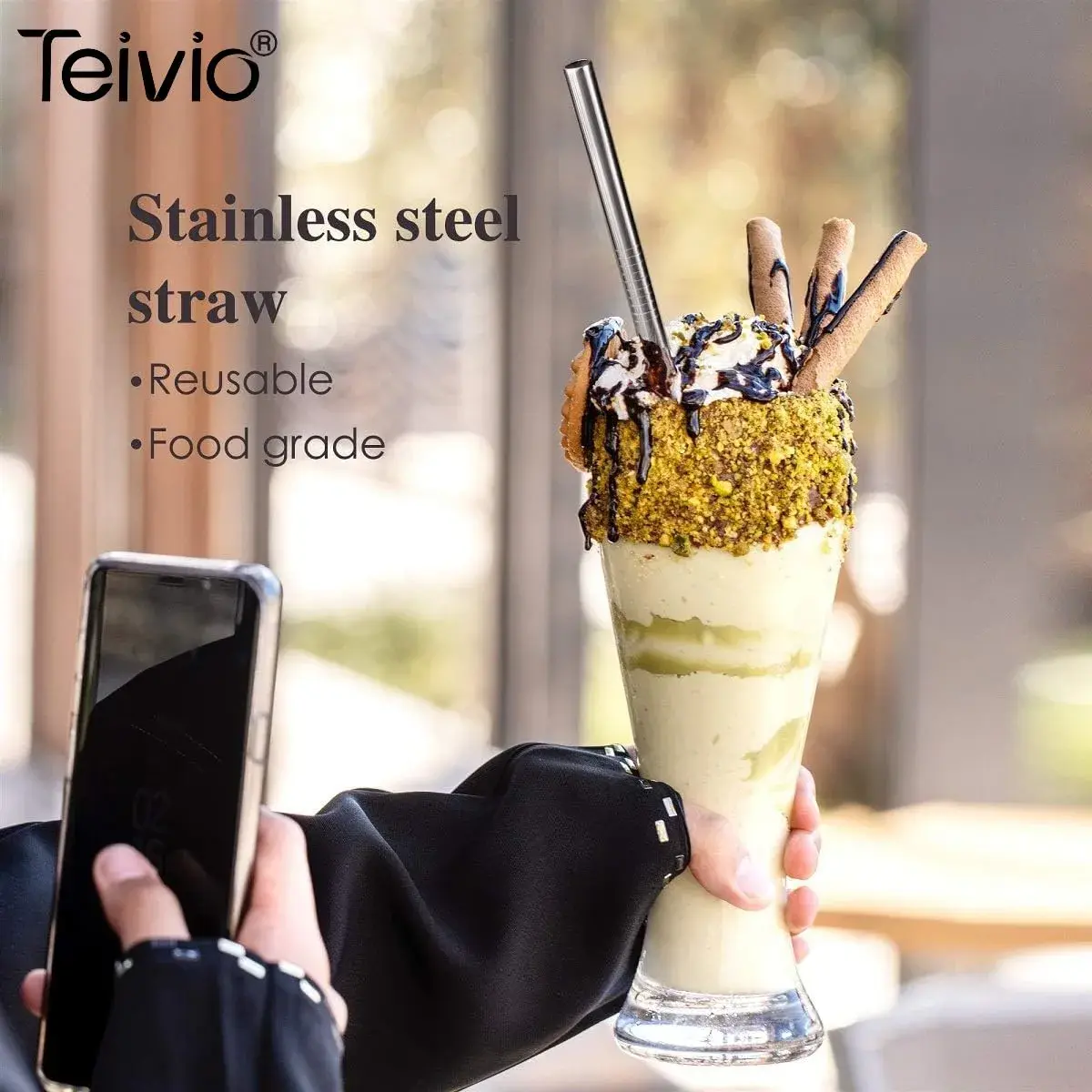 Teivio 8 Piece Stainless Steel Straws for 40 oz Tumbler | 20.3 cm (8mm) Wide Reusable Metal Drinking Straws with Silicone Tips & Cleaning Brush - view 6
