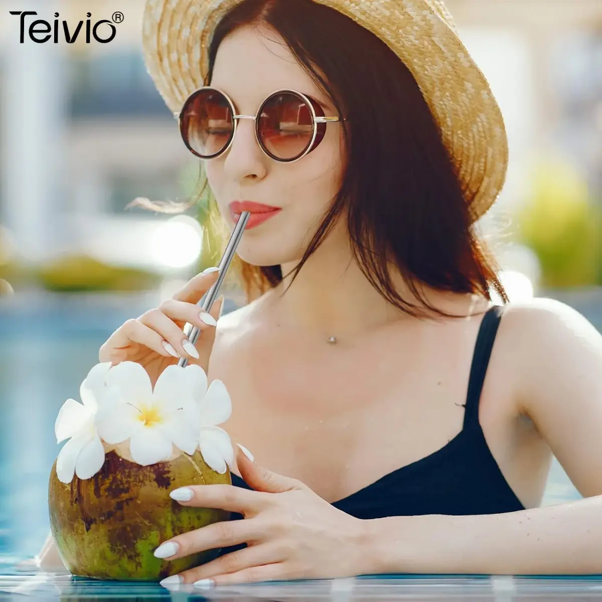 Teivio 8 Piece Stainless Steel Straws for 40 oz Tumbler | 20.3 cm (8mm) Wide Reusable Metal Drinking Straws with Silicone Tips & Cleaning Brush - view 7