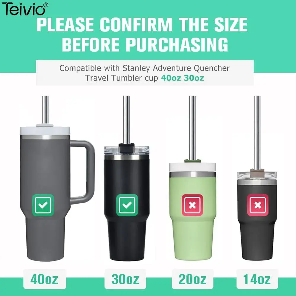 Teivio 8 Piece Stainless Steel Straws for 40 oz Tumbler | 20.3 cm (8mm) Wide Reusable Metal Drinking Straws with Silicone Tips & Cleaning Brush - view 2