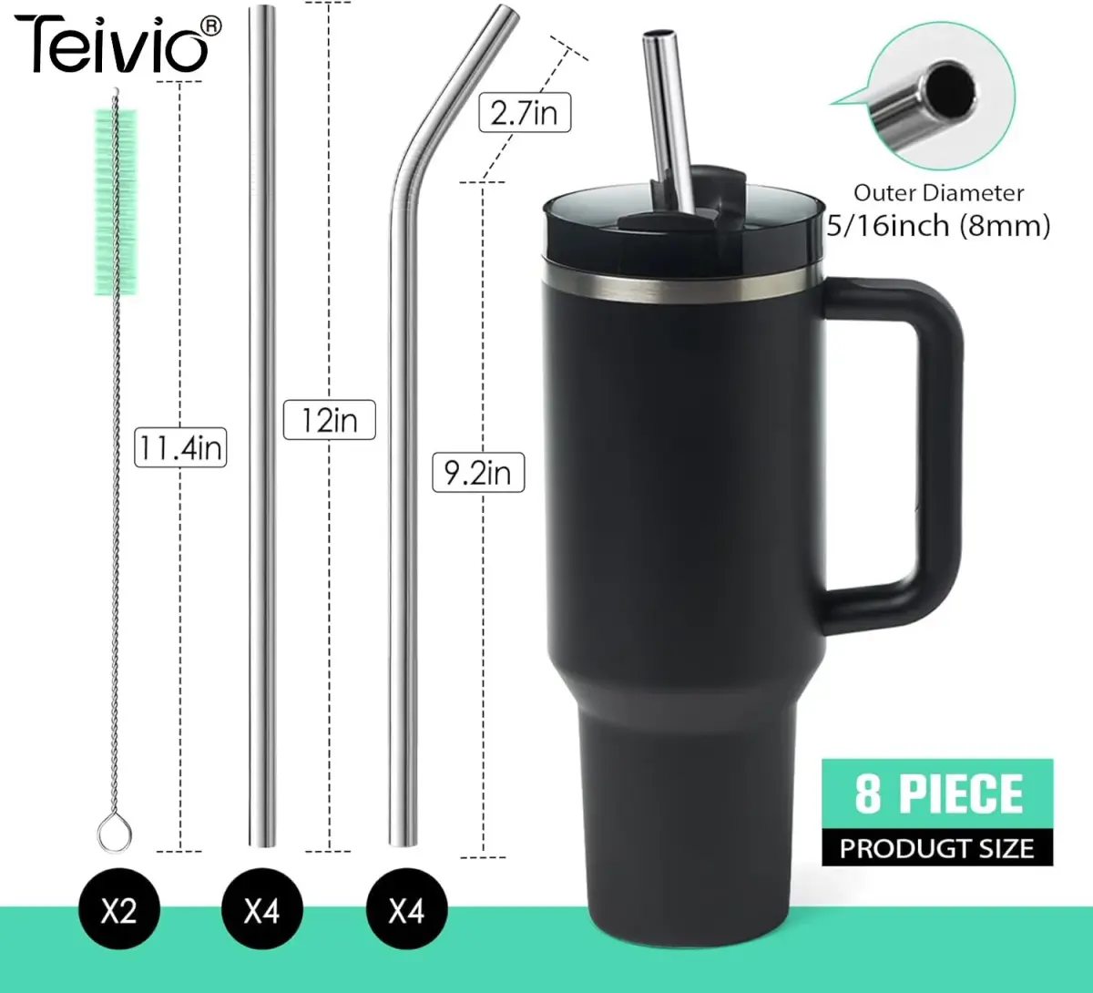 Teivio 8 Piece Stainless Steel Straws for 40 oz Tumbler | 20.3 cm (8mm) Wide Reusable Metal Drinking Straws with Silicone Tips & Cleaning Brush - view 3