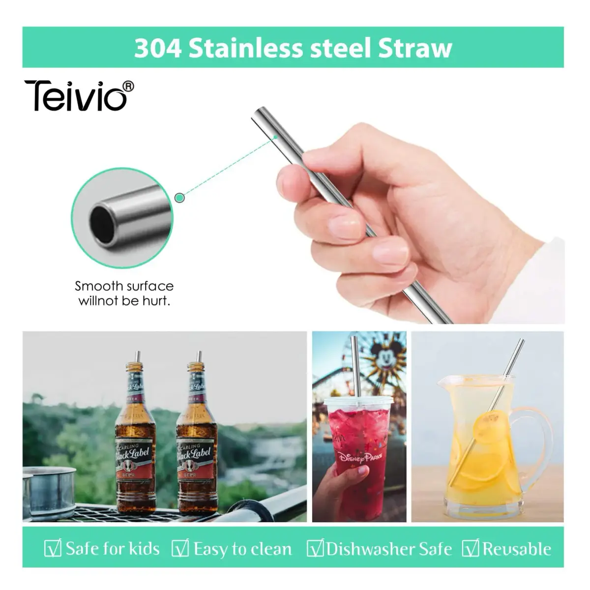 Teivio 8 Piece Stainless Steel Straws for 40 oz Tumbler | 20.3 cm (8mm) Wide Reusable Metal Drinking Straws with Silicone Tips & Cleaning Brush - view 4