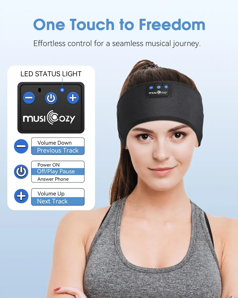MUSICOZY Bluetooth Sleep Headphones Headband with Built-in Mic | Dark Black, 20m Range - view 5