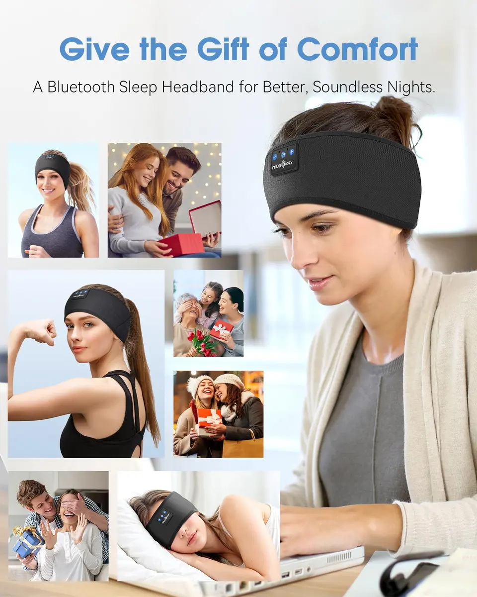 MUSICOZY Bluetooth Sleep Headphones Headband with Built-in Mic | Dark Black, 20m Range - view 6