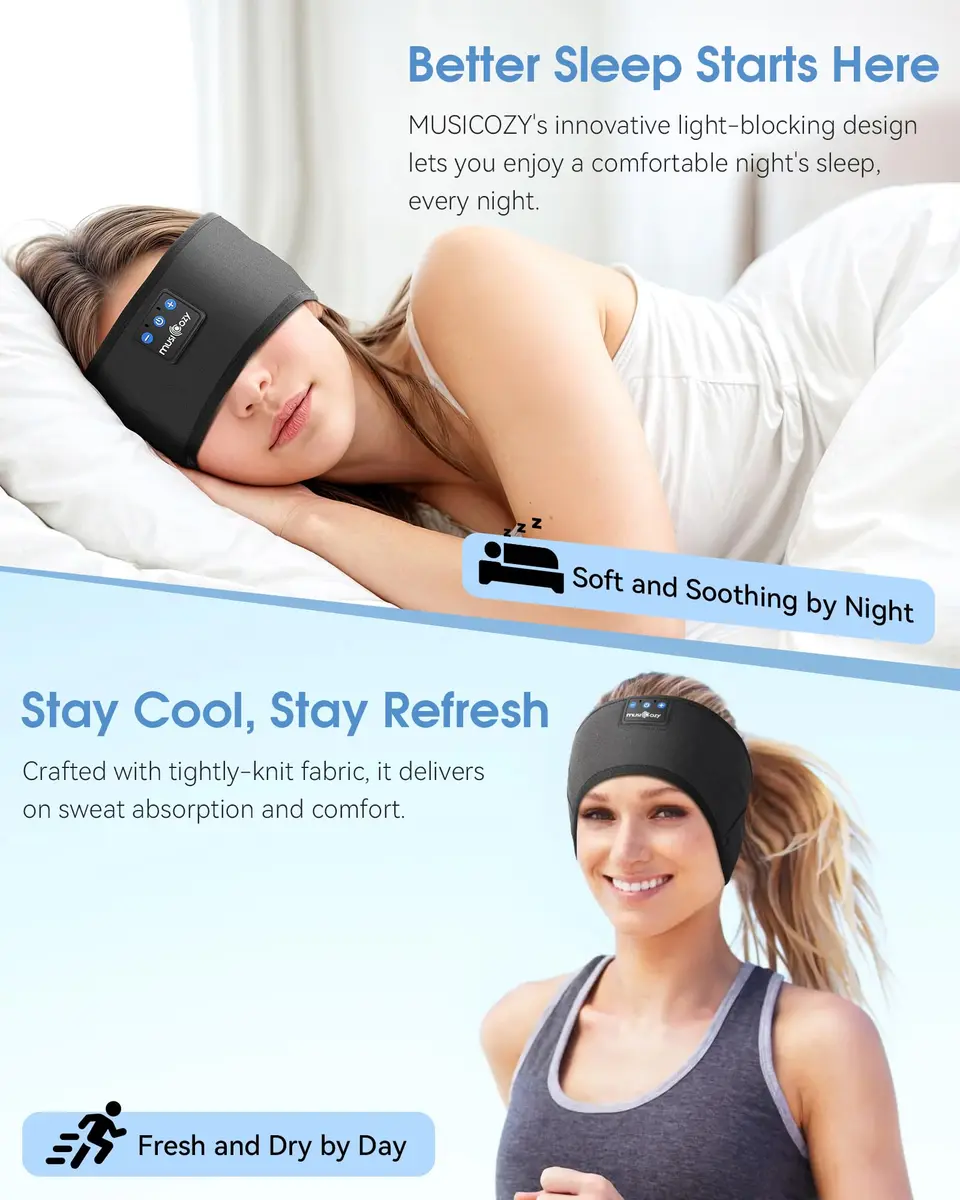 MUSICOZY Bluetooth Sleep Headphones Headband with Built-in Mic | Dark Black, 20m Range - view 2
