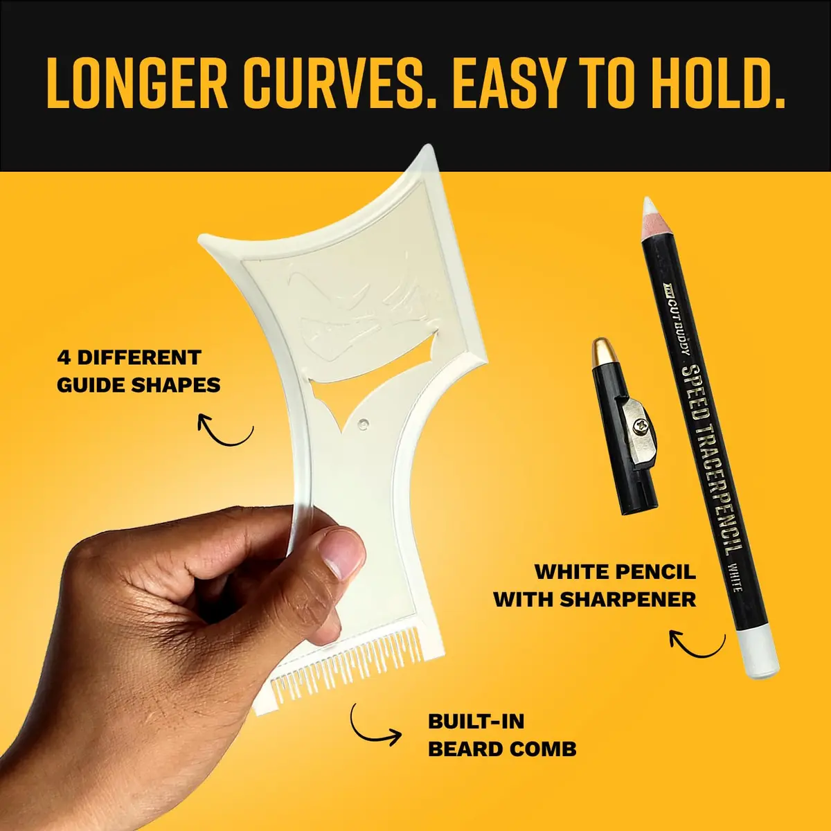 The Cut Buddy PLUS Beard Shaping Tool Clear Template with Built-in Comb and Bonus Pencil | Designed for Larger Heads - view 3